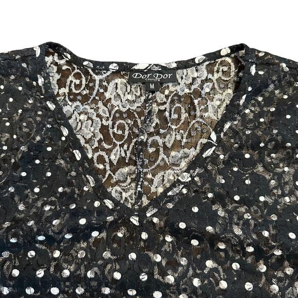 Dor Dor Couture Womens black and white polka dot floral lace top Medium - Picture 3 of 7